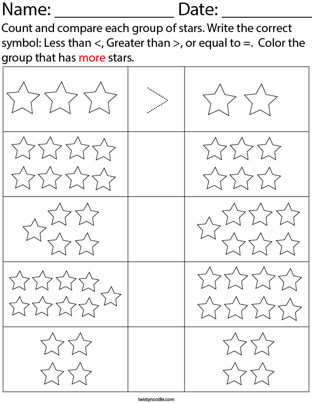 Count and Compare each Group of Stars Math Worksheet - Twisty Noodle